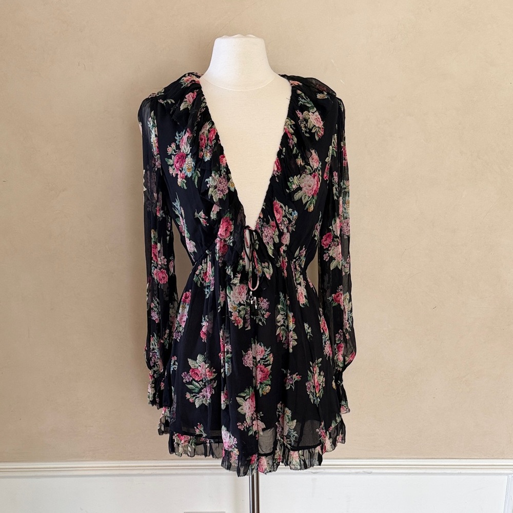 Zimmermann Black Floral Ruffle V-Neck Tie-Front romper